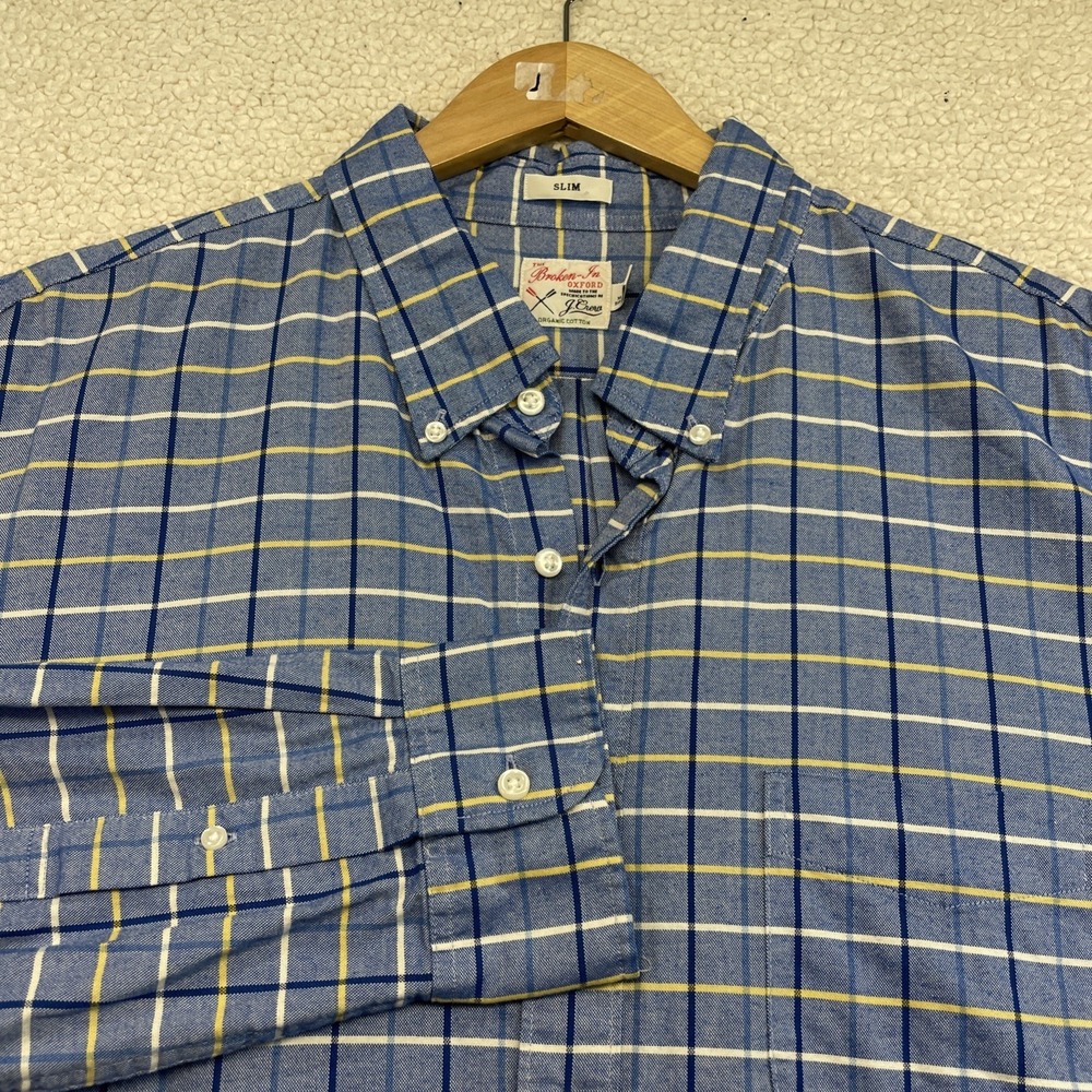 J.Crew Button Down Mens XL Blue Broken-In Oxford Slim Fit Plaid Organic Cotton